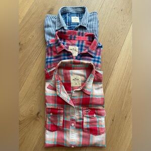 Set of 3 Hollister Casual Plaid and Striped Shirt Trio - Red, Blue, Multicolor